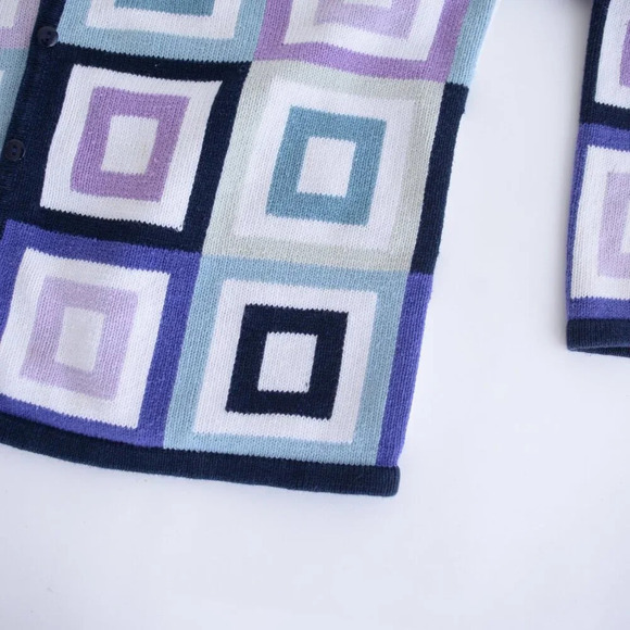 Vintage Talbots Navy Purple Geometric Squares Button Up Cardigan Sweater L - Picture 5 of 10